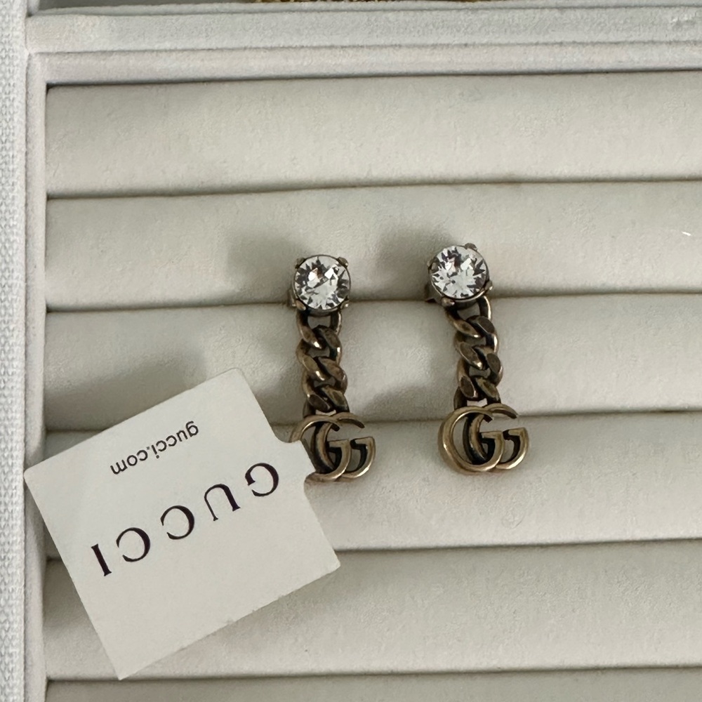 Gucci Gold GG Chain Earrings with Clear Crystals